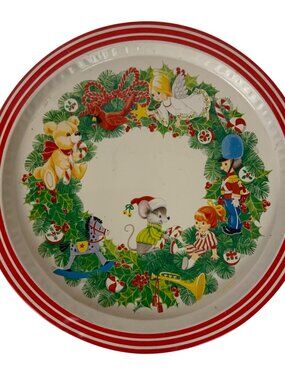 Vintage Tin Christmas Holiday Round Serving Tray Red Green Toy Wreath Design